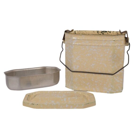 Antique French Lunchbox Granite Enamel Ware Yellow White Green Speckled 3 Pc Set